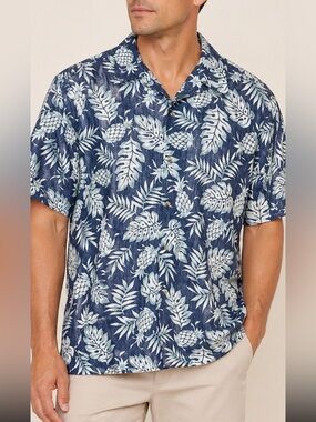 Go Barefoot Hawaiian Shirt Men’s XL Blue Tropical Leaf 100% Cotton USA